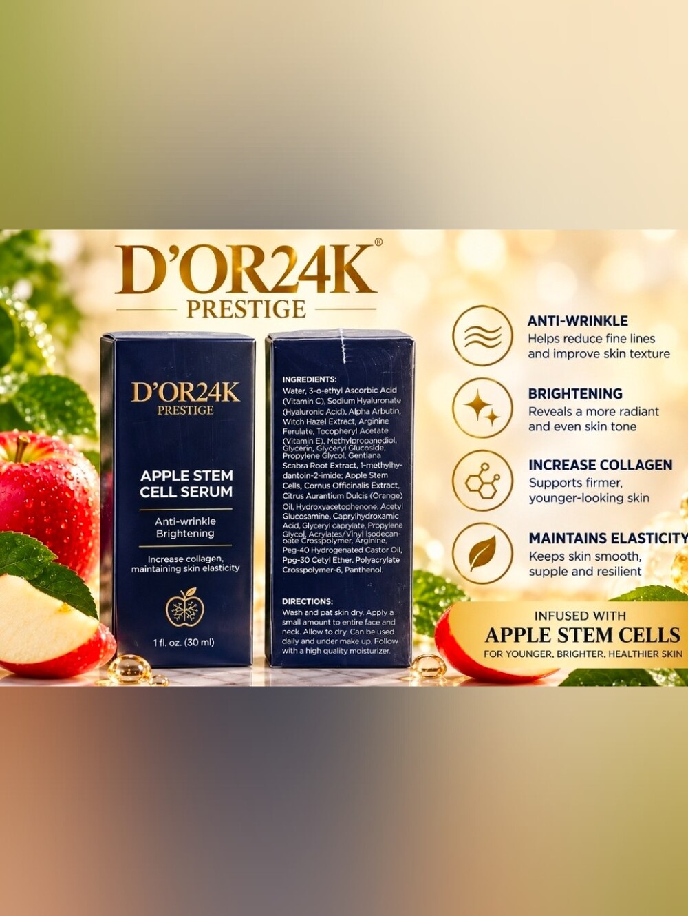 D’OR24K Prestige Apple Stem Cell Serum Anti-Wrinkle Brightening 1 oz